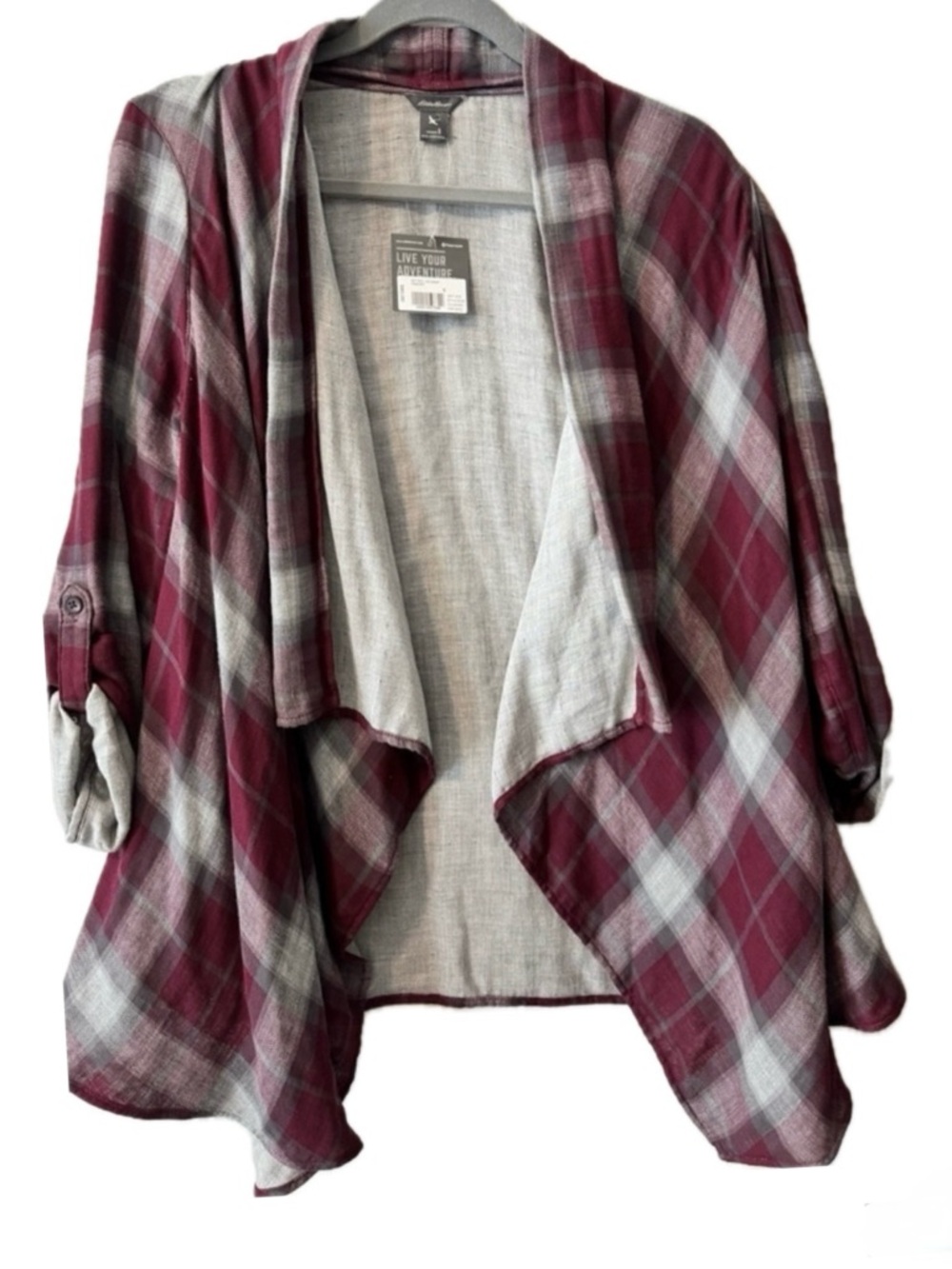 NWT Eddie Bauer Plaid Flannel Wrap Cardigan  Waterfall Open Front Cozy Fall SM
